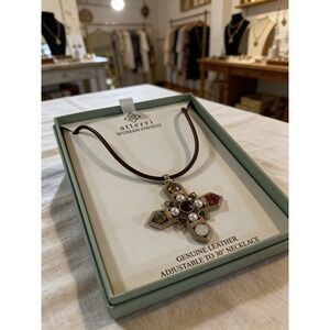 Atterri Cross Pendant Genuine Leather Adjustable 30 Inch Necklace Multi Stone